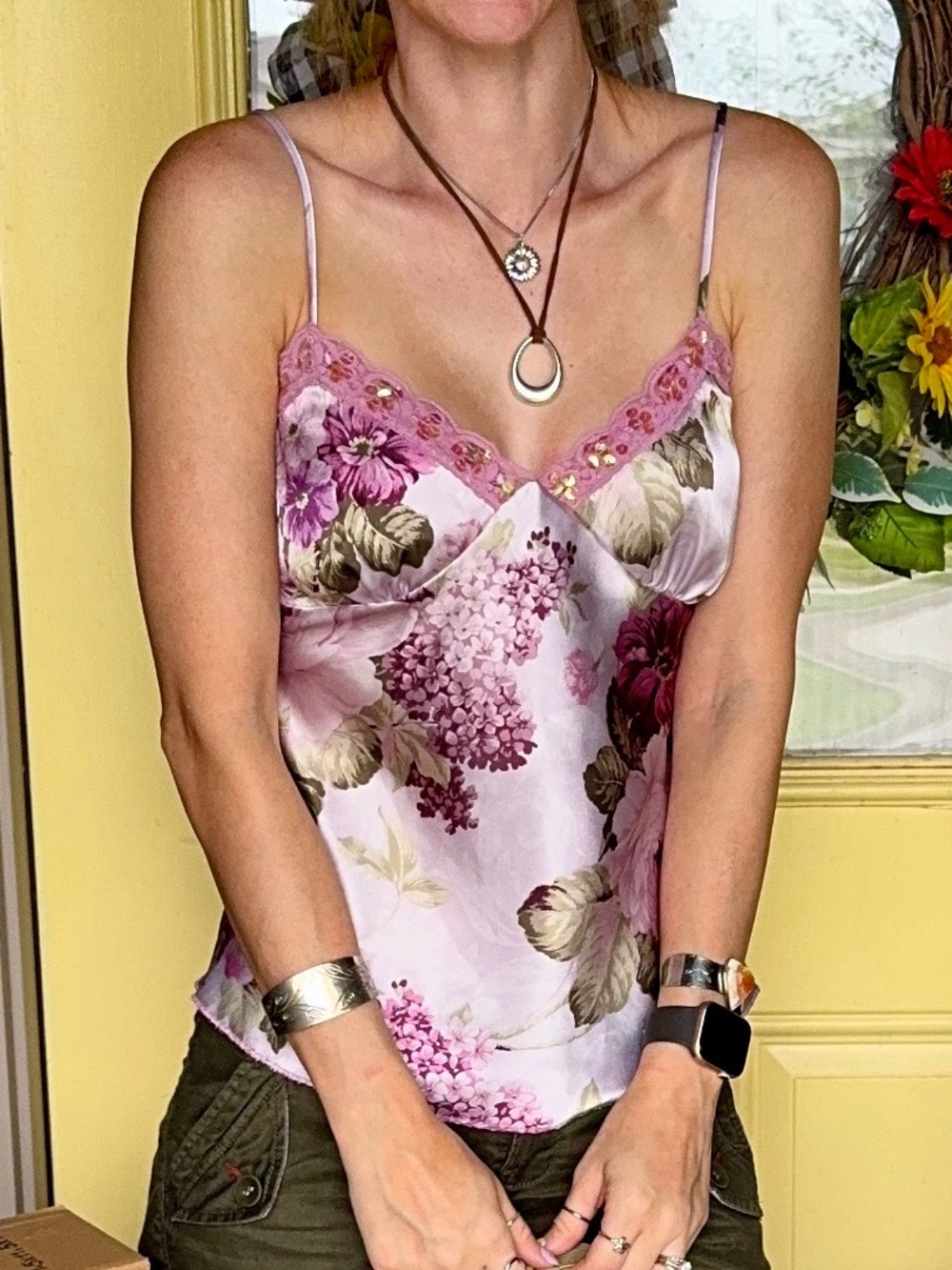 Vintage Y2K Satin Sequin Floral Cami Tank Top S Next Era